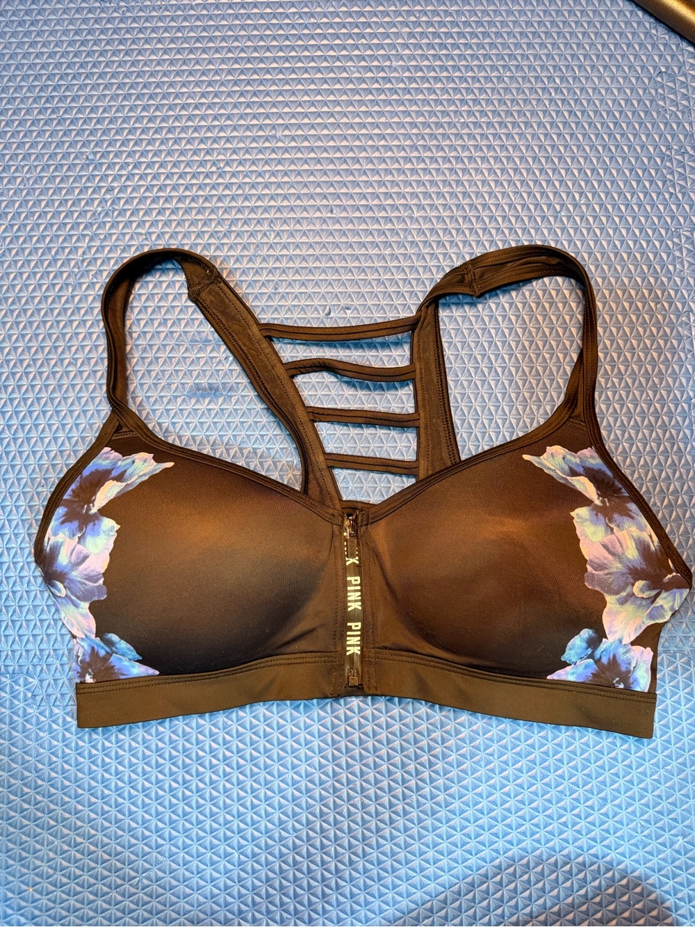 PINK Victoria's Secret Women's Black Floral Front-Zip UltimatePush-up Sports Bra